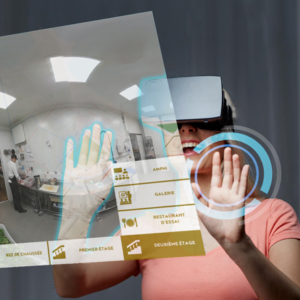 Virtual reality application with virtual headset and interactions